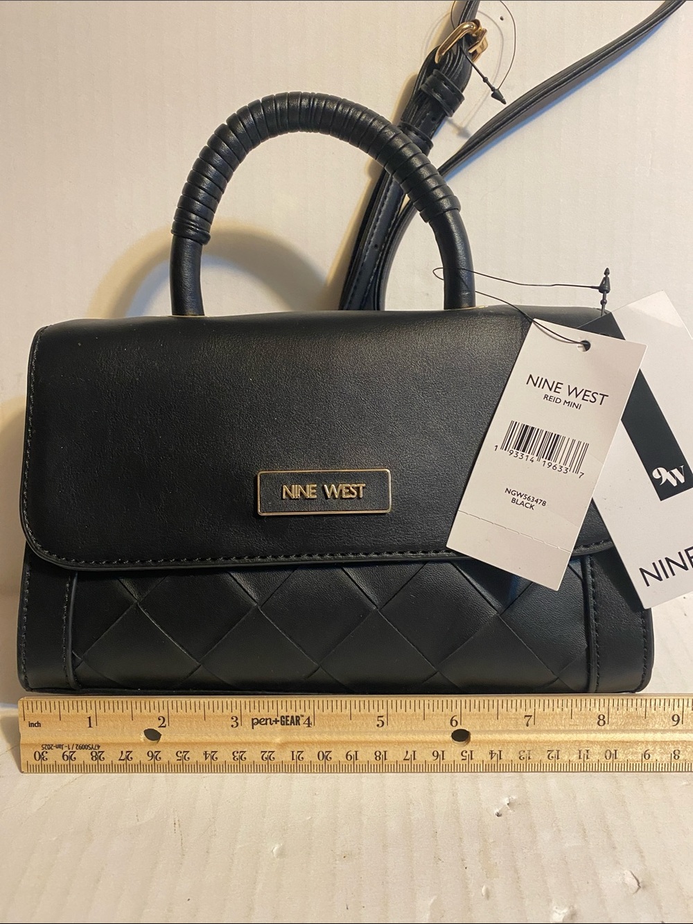 Nine West Black Quilted Top-Handle Satchel with Gold Plaque